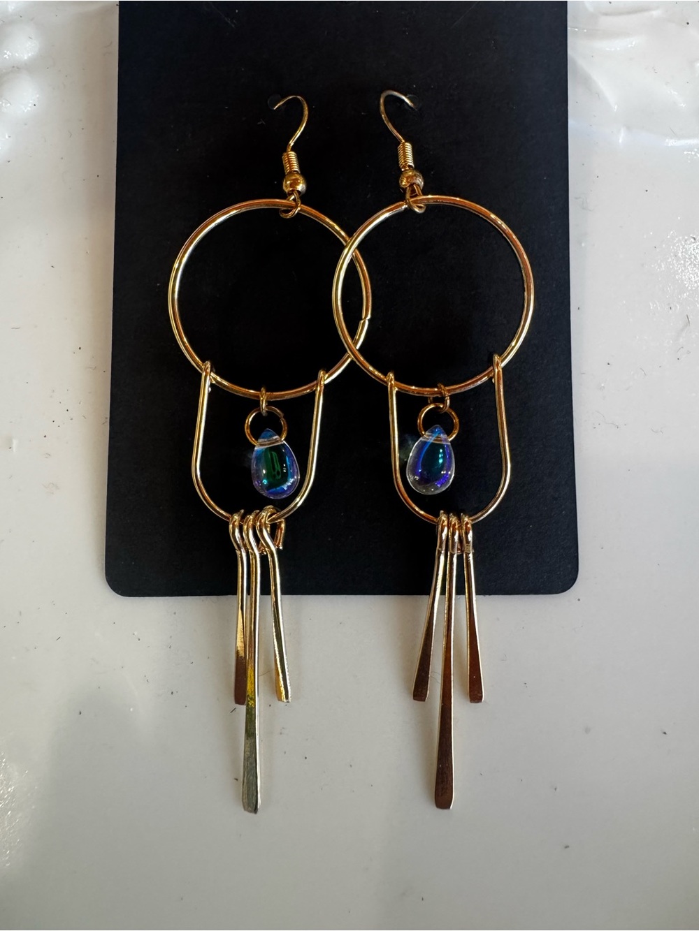 Gold Hoop Dangle Earrings with Blue-Green Crystal Accent